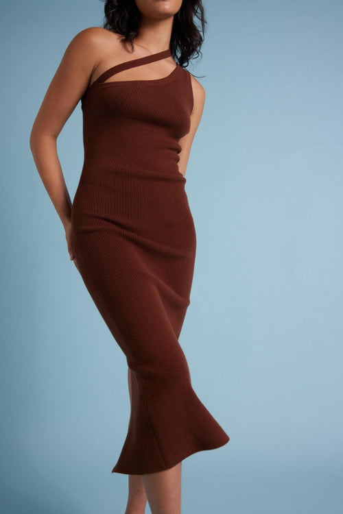 Dusk Brown One Shoulder Knit Midi Dress WW Dress Huffer   