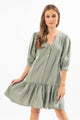 Fun Loving Sea Green Linen Buttoned Neck Puff SS Frill Hem Dress