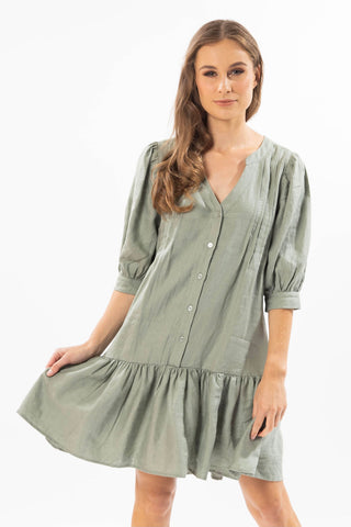 Fun Loving Sea Green Linen Buttoned Neck Puff SS Frill Hem Dress WW Dress Seeking Lola   