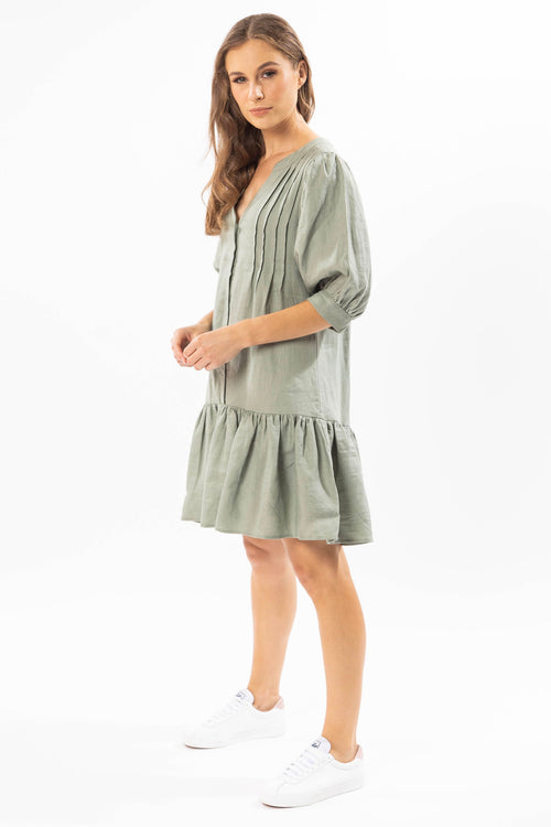 Fun Loving Sea Green Linen Buttoned Neck Puff SS Frill Hem Dress WW Dress Seeking Lola   