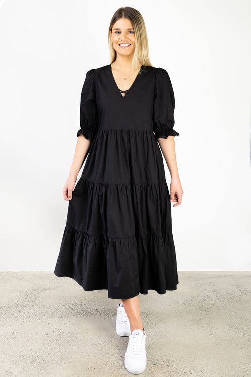 True Love Black Cotton V Neck SS Puff Sleeve Tiered Maxi Dress WW Dress Among the Brave   