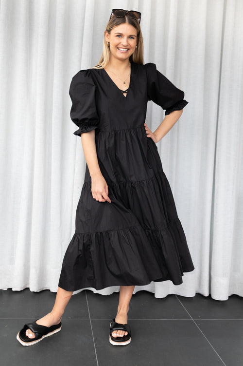 True Love Black Cotton V Neck SS Puff Sleeve Tiered Maxi Dress WW Dress Among the Brave   