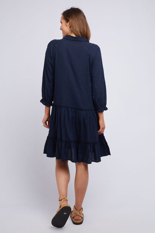 Tulip Button Front Navy Tiered Mid Dress WW Dress Foxwood   