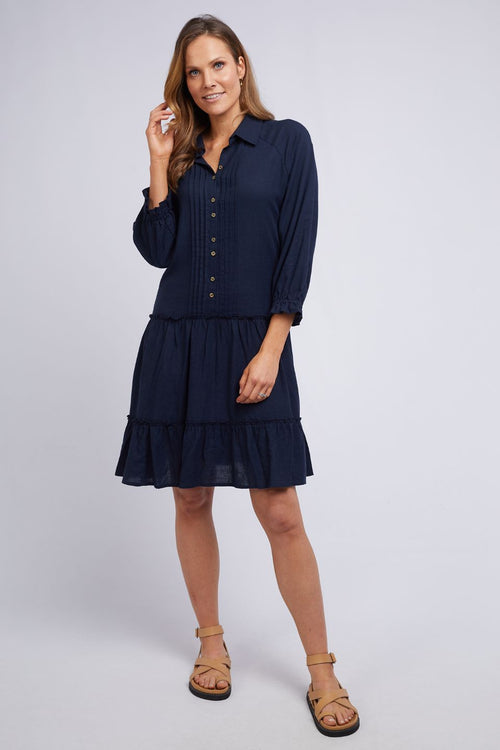 Tulip Button Front Navy Tiered Mid Dress WW Dress Foxwood   