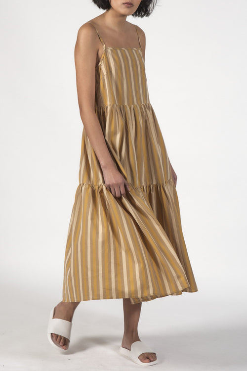 Ziggy Yellow Beach Stripe Strappy Tiered Midi Dress WW Dress Thing Thing   