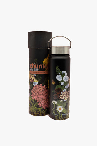 Flower Power Black Floral 650ml Bottle EOL HW Drink Bottles, Coolers, Takeaway Cups Chunky   