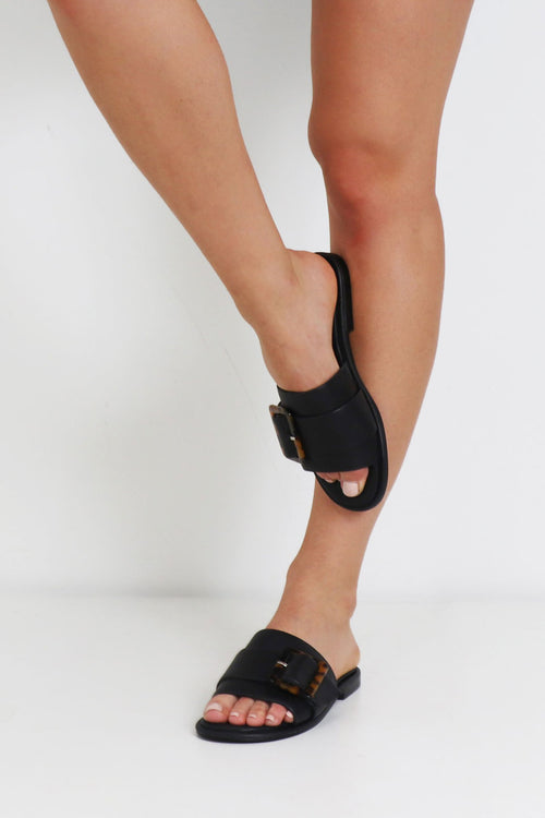 Cruz Black Leather with Tortoise Buckle Slide ACC Shoes - Slides, Sandals Nude   