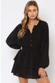 Candela Black LS Button Front Tiered Gauze Mini Dress