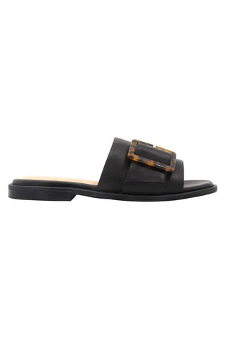 Cruz Black Leather with Tortoise Buckle Slide ACC Shoes - Slides, Sandals Nude   