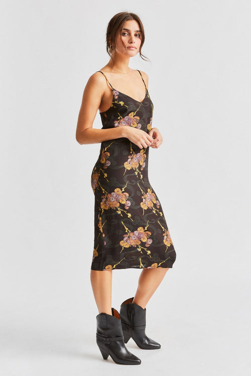 Heidi Black Moss Print Midi Bias Dress WW Dress Brixton   