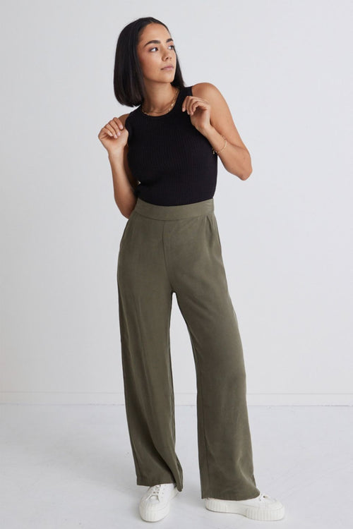 Effortless Khaki Viscose Deep Band Wide Leg Pant WW Pants Among the Brave   