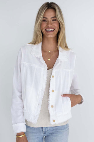 Isabella White Fringe Hem Linen Jean Style Jacket WW Jacket Humidity Lifestyle   