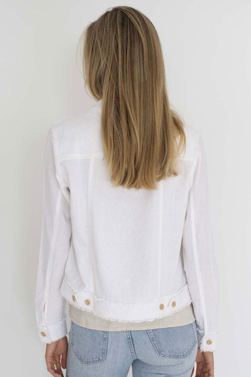 Isabella White Fringe Hem Linen Jean Style Jacket WW Jacket Humidity Lifestyle   