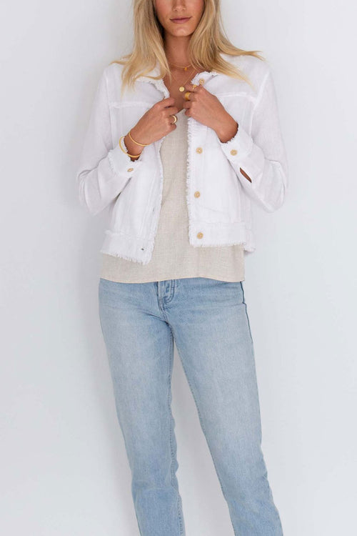 Isabella White Fringe Hem Linen Jean Style Jacket WW Jacket Humidity Lifestyle   