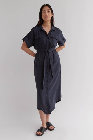 Kara True Navy Linen SS Shirt Dress WW Dress Assembly Label   