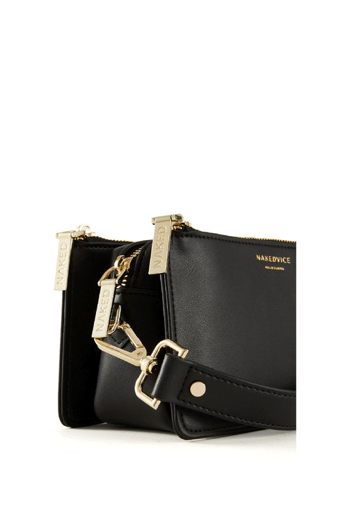 Scotti Gold Black Leather Double Zip Thick Strap Crossbody Bag ACC Bags - All, incl Phone Bags Nakedvice   