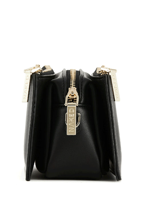 Scotti Gold Black Leather Double Zip Thick Strap Crossbody Bag ACC Bags - All, incl Phone Bags Nakedvice   