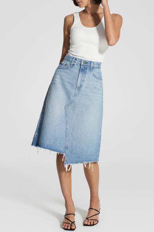 Skewed Bliss Blue Midi Denim Skirt WW Skirt Nobody Denim   